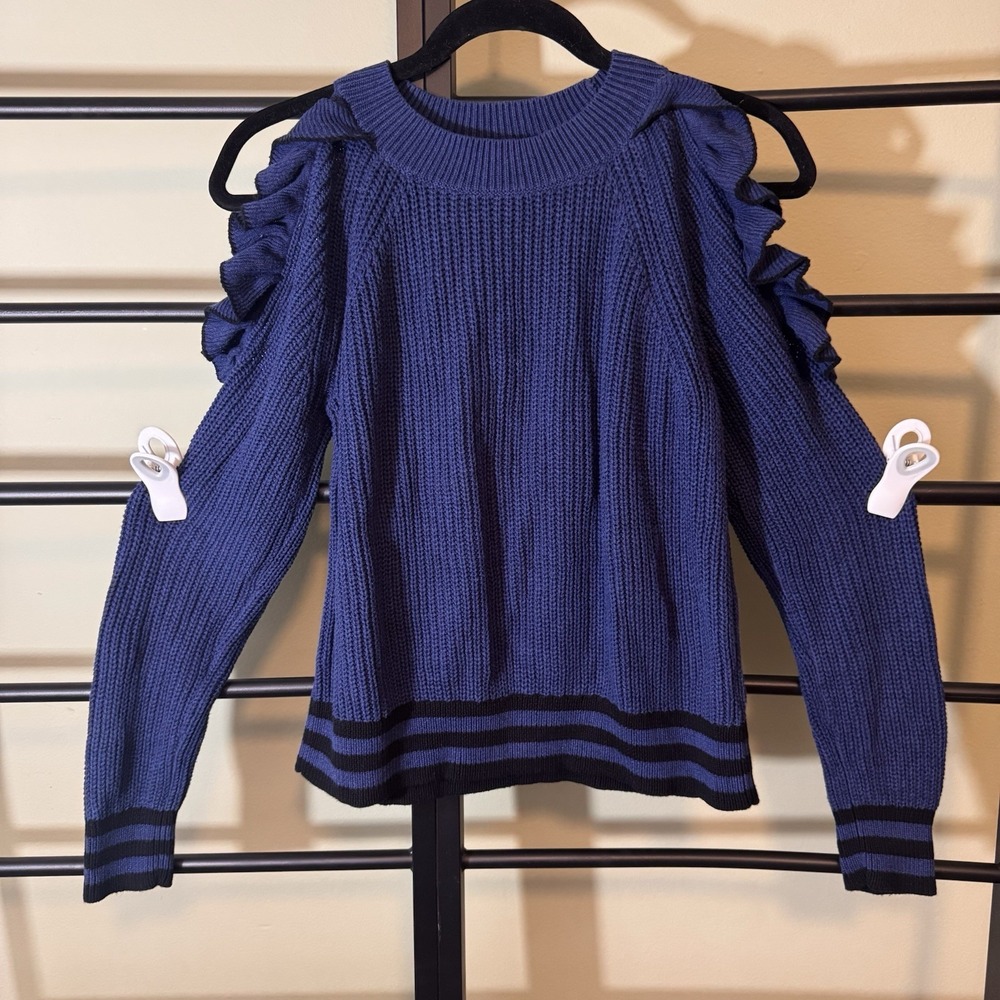 Margaret O'Leary Sweater Cold Shoulder Ruffles Blue Y2K Buffy preppy 90s Size S